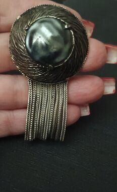 Vintage  Silver and Black Statement Tassel Brooch